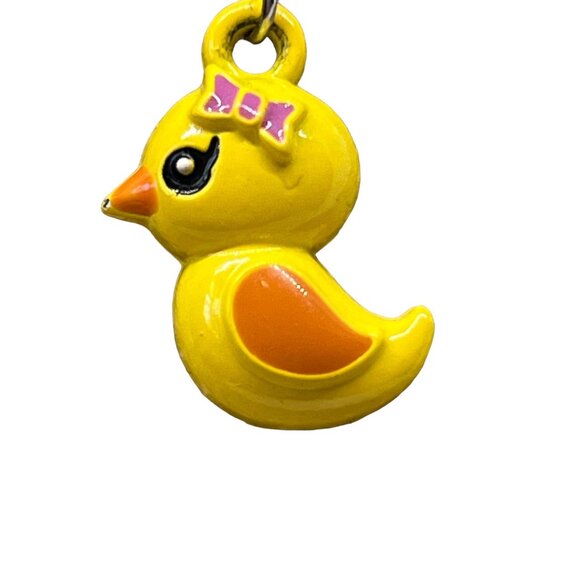Yellow Duck Dangle Earrings Metal Ducklings Pink Bow Hooks 1 3/8" - Picture 2 of 4